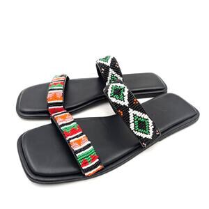 Farm Rio Beaded Slide Sandal Women's Square Open Toe Black Size US9 EU40